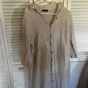 Light Beige Button-Front Linen Tunic Dress